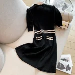 스타일아유 여성용 날씬해보이는 배색 퍼프소매 반팔 니트 미디 원피스 세련된룩 데이트룩 OP2275 - 이미지 4