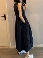 루즈핏 프록 드레스 여성 여름 신상 한국 디자인 감각 플리츠 허리끈 조절 베스트 드레스 캐주얼 라운드넥 반팔 - 이미지 3