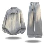 남성 가을 캐주얼 스포츠웨어 세트 투피스 부드러운 편안한 원단 야외 활동복 칼라 하프 집업 후디 엘라스틱 웨이스트 스웨트팬츠 - 이미지 3