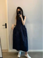 루즈핏 프록 드레스 여성 여름 신상 한국 디자인 감각 플리츠 허리끈 조절 베스트 드레스 캐주얼 라운드넥 반팔 - 이미지 4