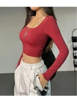 올인원 딥 V 오픈 백 섹시 스포츠 탑 러닝 트레이닝 요가웨어 슬림핏 슬림 캐주얼 피트니스 긴팔 - 이미지 5