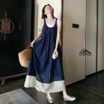 여성 여름 핀턱 주름 민소매 롱 드레스 캐주얼 휴가 탱크 드레스