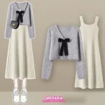 2025 가을겨울 신상 여성 니트 투피스 세트 | 여리핏 슬리밍 캐미솔 원피스+스웨터 세트 - 이미지 3