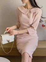 우아한 중간 길이 민소매 여성 드레스 한국 스타일 통근 하이 웨이스트 슬리밍 봄 패션 아이템 싱글 피스 - 이미지 3