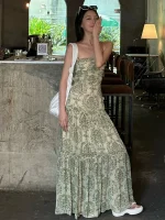 여름 티타임 비치 휴가 스트랩 드레스 여성 우아하고 달콤한 분위기의 고급스러운 비치 롱 드레스 원피스