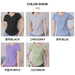 스타일아유 여성 브이넥 솔리드 요가 반팔티 허리슬림핏 땀흡수 통기성 편한핏 스포츠 상의 YG0137 - 이미지 4