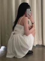 시크한 여름 나비 매듭 주름 미니 플라워 버드 스트랩 드레스 소녀 감성 하이웨이스트 한국 스타일 민소매 폴리에스터 섬유 - 이미지 2