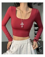 올인원 딥 V 오픈 백 섹시 스포츠 탑 러닝 트레이닝 요가웨어 슬림핏 슬림 캐주얼 피트니스 긴팔 - 이미지 6