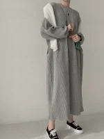 플러스 사이즈 여성용 한국 스타일 코듀로이 레터 프린트 롱 드레스 루즈핏 캐주얼 가을 패션 300파운드 드레스 - 이미지 4