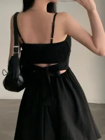 시크한 여름 나비 매듭 주름 미니 플라워 버드 스트랩 드레스 소녀 감성 하이웨이스트 한국 스타일 민소매 폴리에스터 섬유 - 이미지 3