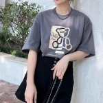 GLACIER 여성 반팔 티셔츠 루즈핏 100%면 컬러 배색 곰돌이 - 이미지 6