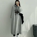 플러스 사이즈 여성용 기모 안감 후드 원피스, 살을 가려주는 레터링, 레이지 스타일, 가을 겨울 루즈핏 원피스, A라인 스커트