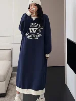 플러스 사이즈 한국 스타일 루즈핏 캐주얼 스웨트셔츠 드레스, 배를 가려주는 슬리밍 미디 기장 A라인 드레스 (애플형 여성용) - 이미지 3