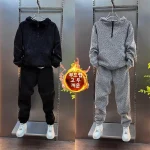 남성용 트렌디 캐주얼 스포츠웨어 세트 봄 가을 신상 후드 패치워크 스웨트셔츠 긴 바지 투피스 수트 - 이미지 2