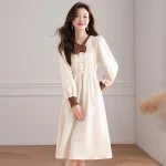 스타일아유 가을 겨울 프렌치 배색 리본 더블버튼 여성 긴팔 롱 원피스 키작녀코디 OP1922 - 이미지 4