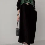 플러스 사이즈 여성용 한국 스타일 코듀로이 레터 프린트 롱 드레스 루즈핏 캐주얼 가을 패션 300파운드 드레스