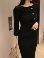 우아한 중간 길이 민소매 여성 드레스 한국 스타일 통근 하이 웨이스트 슬리밍 봄 패션 아이템 싱글 피스 - 이미지 4