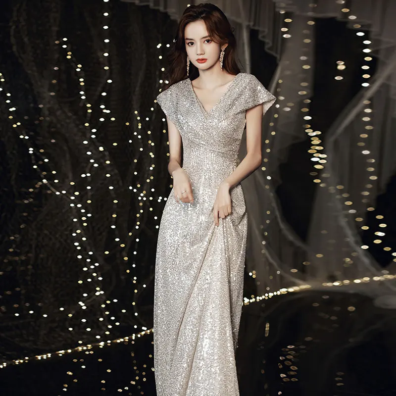 kf-Se1a993f1d30e41529d2db391064dec12a 우아한 시퀸 V넥 이브닝 가운, 공연 사회자 드레스, 고급스럽고 가벼운 볼 드레스, 지퍼 스타일 미디 스커트, 긴 소매 - 이미지 1