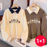 1+1스타일아유 여성용 폴로카라 맨투맨 빅사이즈 데일리 캐주얼 편한 빈티지 스웻셔츠 따뜻한 긴팔 오버핏 트레이닝 상의 TS3861