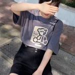 GLACIER 여성 반팔 티셔츠 루즈핏 100%면 컬러 배색 곰돌이 - 이미지 3