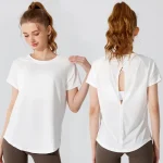 스타일아유 여성 라운드넥 트임 백오픈 숏슬리브 티셔츠 통기성 속건 요가 피트니스 운동상의 YG0139