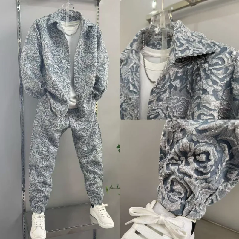 kf-Se911c38676204a00a666a5988b3448c7q 2025 신상 남성 캐주얼 패션 투피스 바지 세트, 스포티한 라펠 자카드 셔츠, 긴팔 봄가을 세트 - 이미지 1