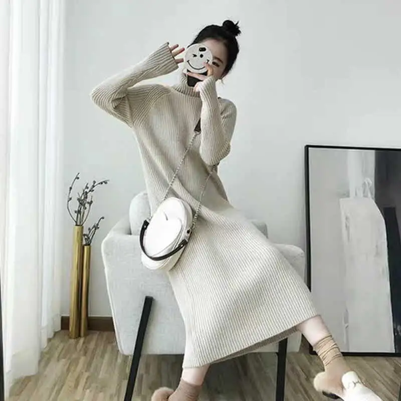 kf-Sf3ba38bcf34e41bfb46086bd902849b2E 목폴라 니트 원피스 여성 가을 겨울용 터틀넥 롱니트 긴 소매 스타일릿한 디자인 - 이미지 1